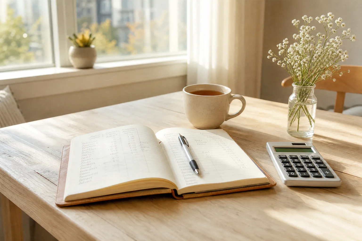 A household budget written by hand in an open notebook on a sunlit table.