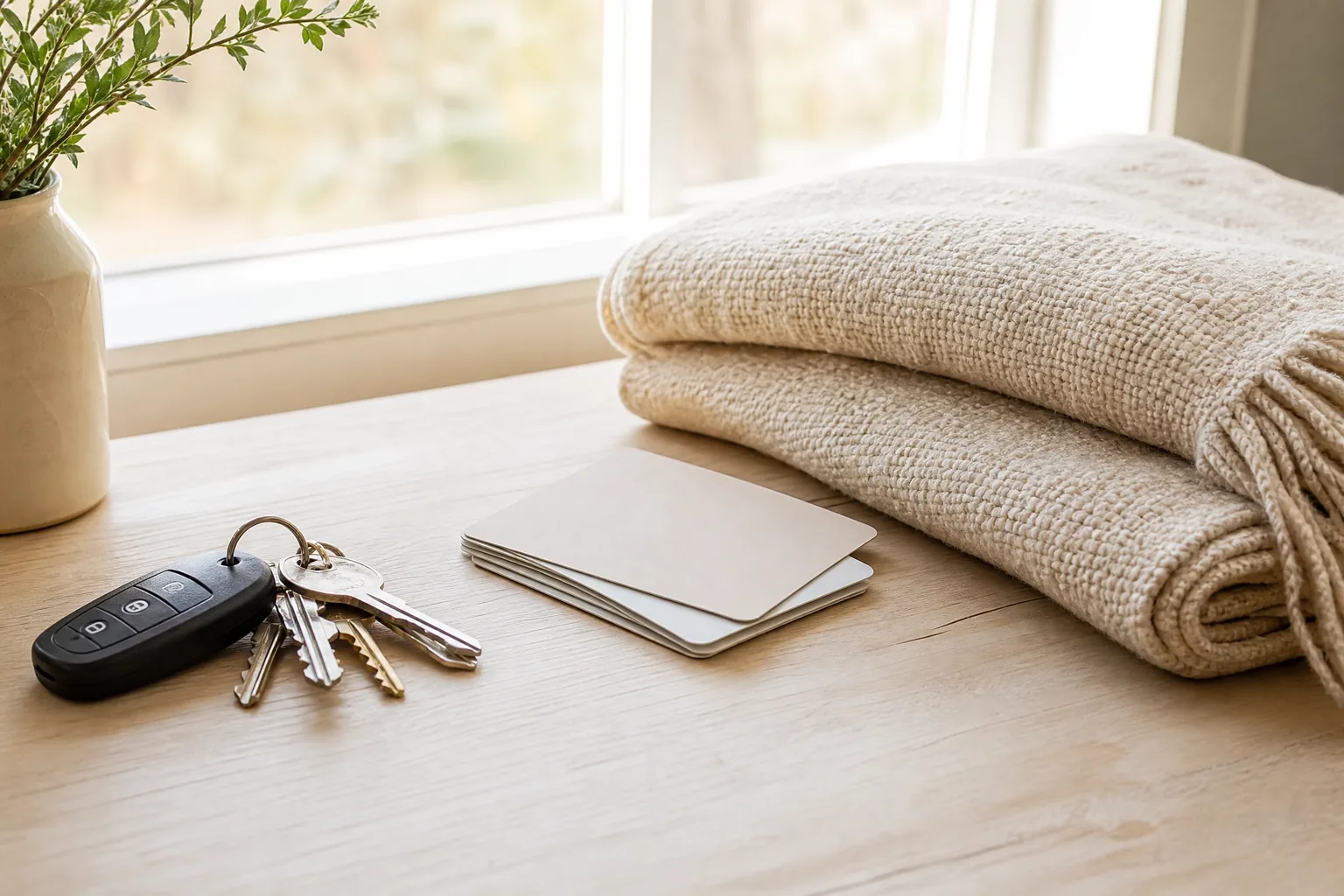 House keys, a small notebook and a folded blanket on a sunlit table.