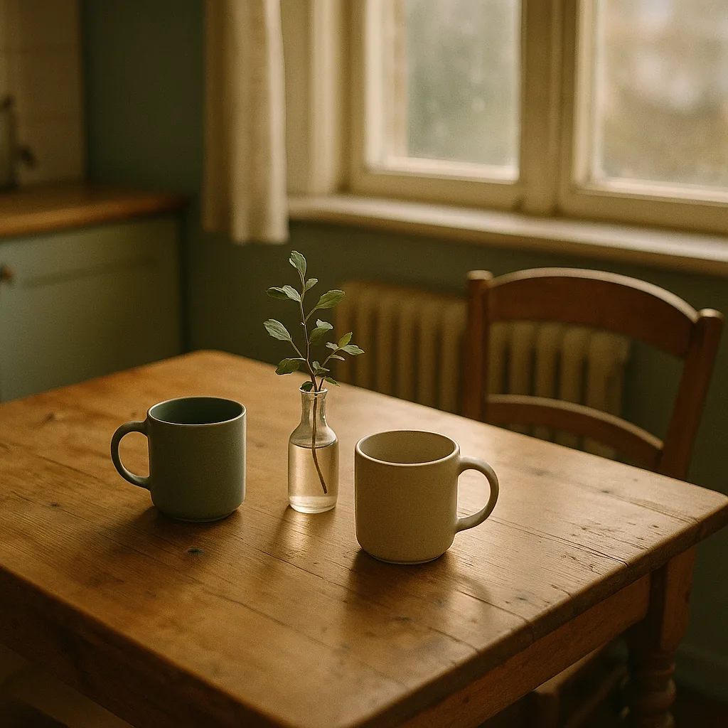 Two mugs and a small vase on a wooden kitchen table by a window.