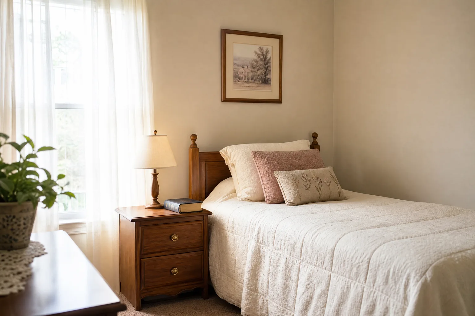 A bedroom in bright morning light with a neatly made bed and a lamp and Bible on the nightstand.