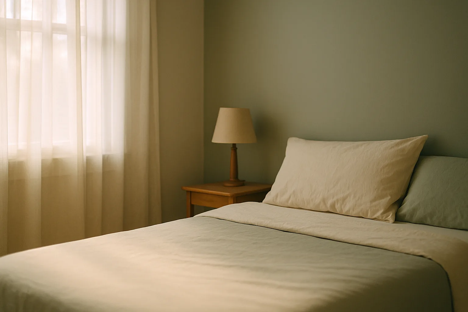 Soft morning light through sheer curtains across a quiet bedroom.