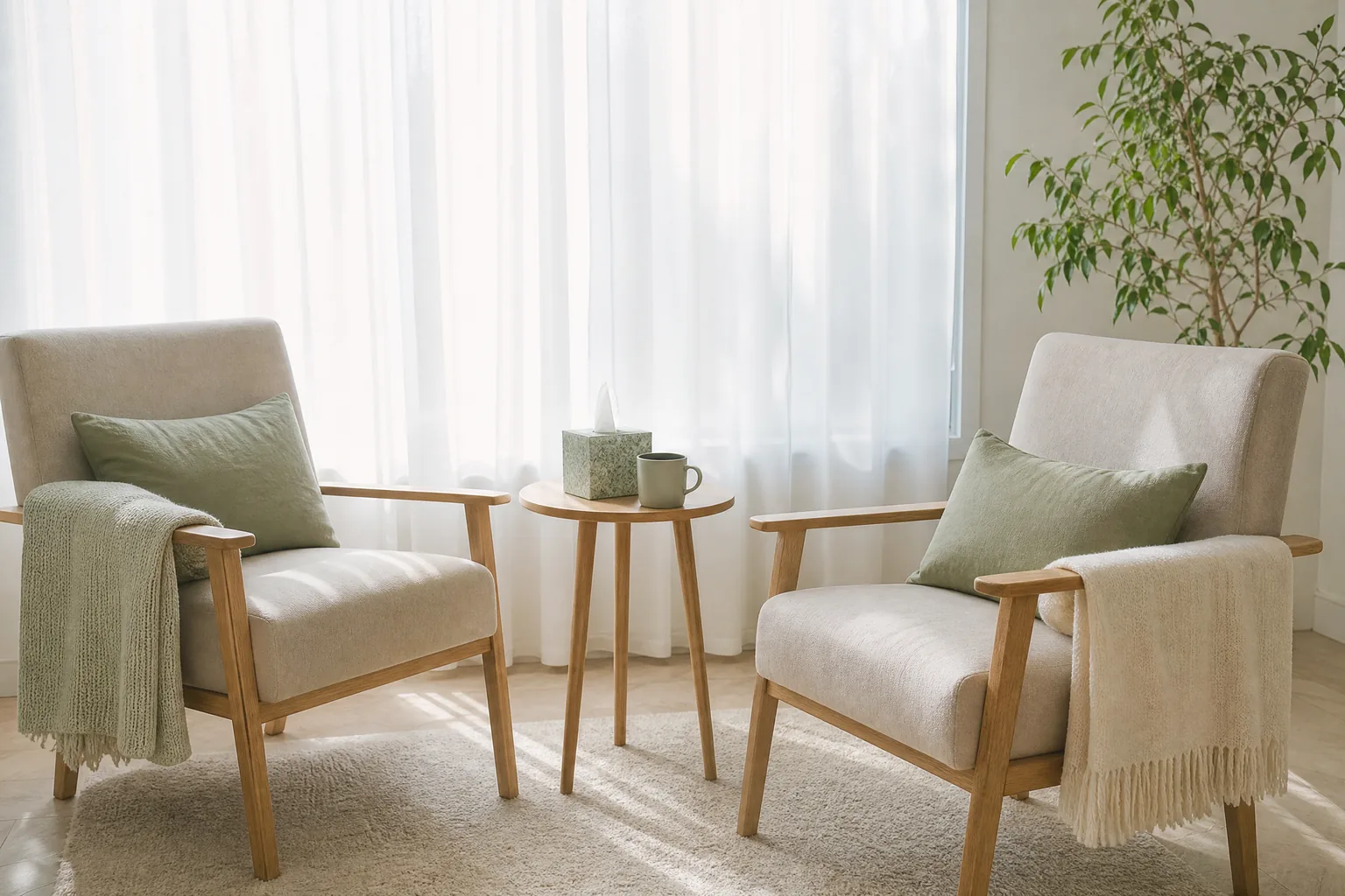 Two armchairs turned toward each other beside a bright window.