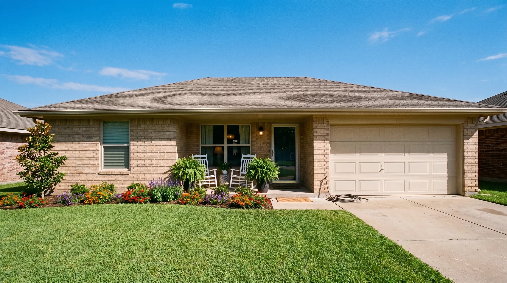 A tan brick home in bright morning light with two rocking chairs on the porch and flower beds along the front.