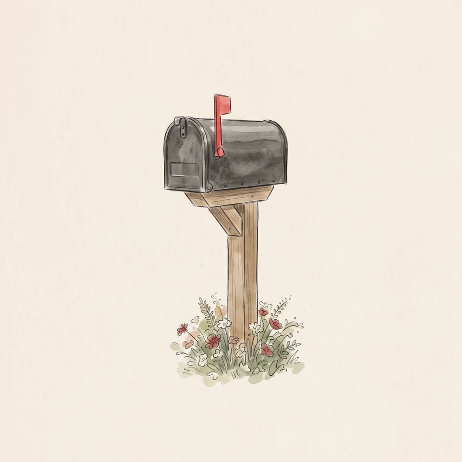 A pencil and watercolor drawing of a curbside mailbox with flowers at its base.