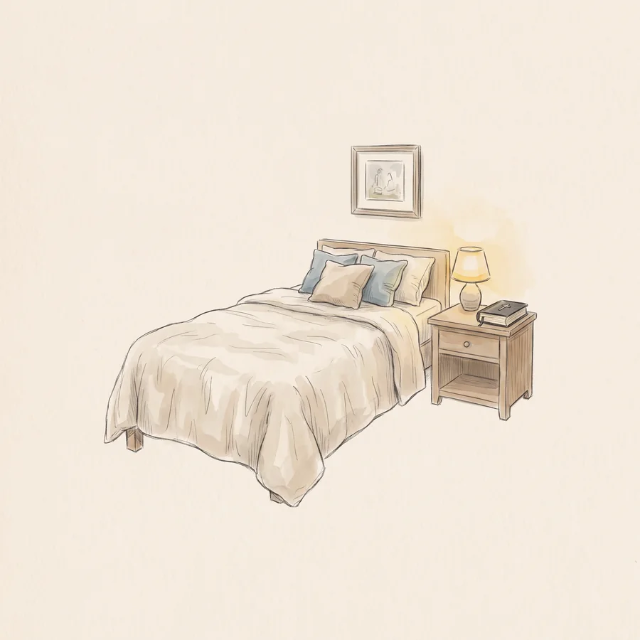 A pencil and watercolor drawing of a made twin bed beside a nightstand with a lit lamp and a Bible.