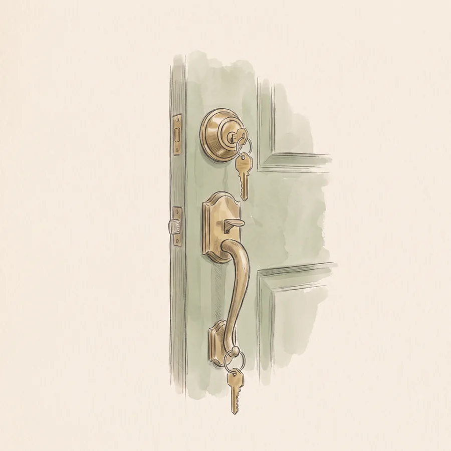 A pencil and watercolor drawing of a sage green front door with a key in the deadbolt.
