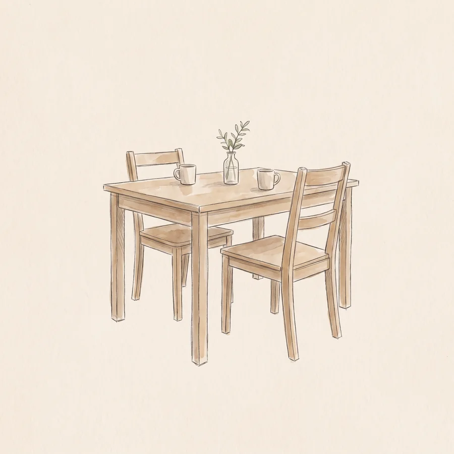 A pencil and watercolor drawing of a wooden kitchen table with two chairs and two mugs.