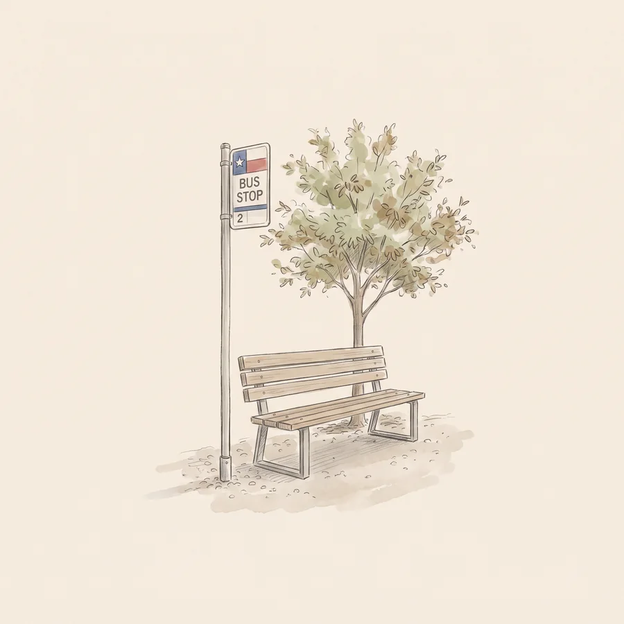 A pencil and watercolor drawing of a bus stop sign and a bench under a small tree.