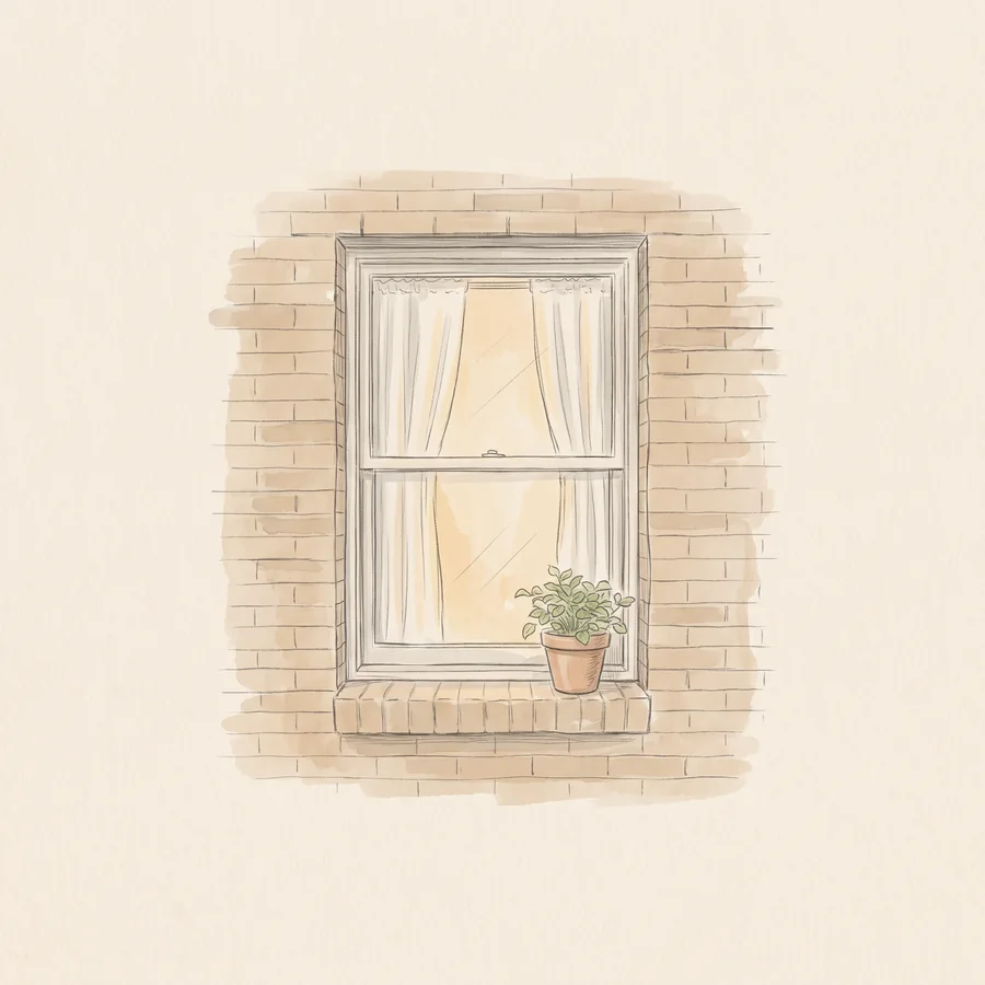 A pencil and watercolor drawing of a brick window with curtains open and a plant on the sill.