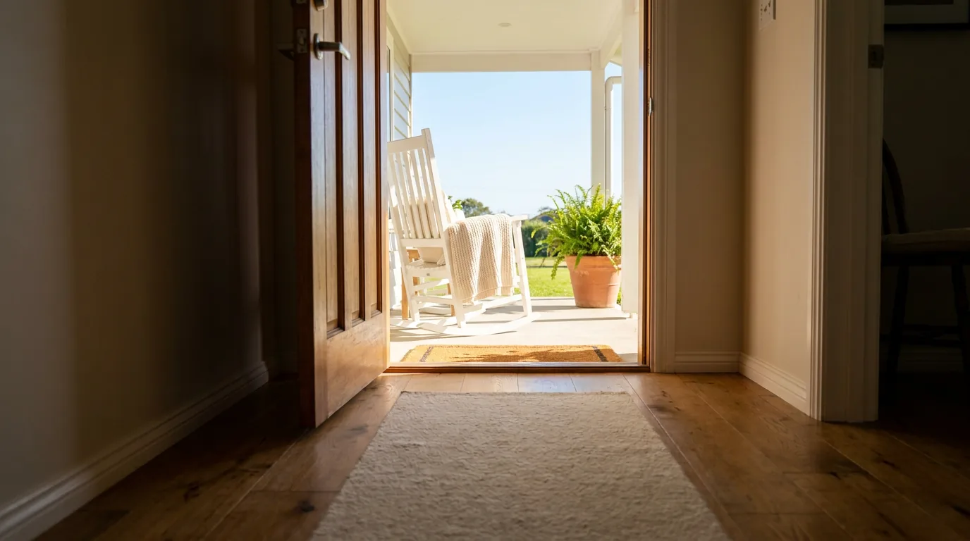 Looking out through an open front door to a sunlit porch with a white rocking chair and a fern.